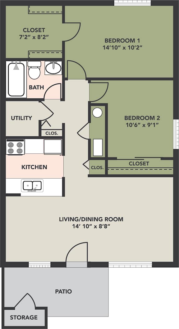 2 Bedroom, 1 Bath