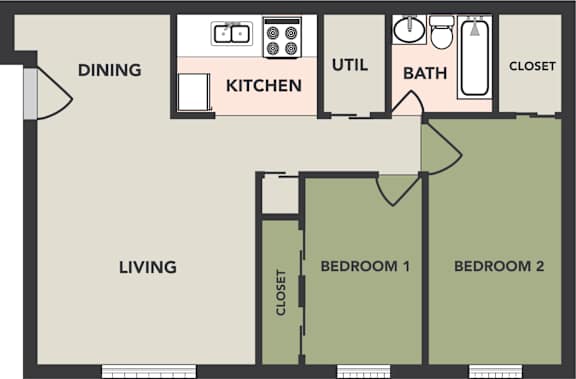 2 Bedroom, 1 Bath