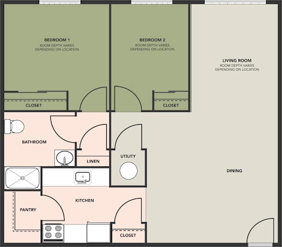 A floor plan of a house with two bedrooms, a pantry, a kitchen, a bathroom, a linen closet, a utility closet, and a dining area.