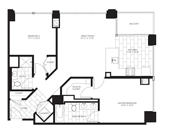 2 Bed 1.5 Bath Floorplan A | 1,195 Sq. Ft. at Flair Tower Apartments, Chicago, IL