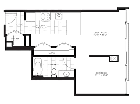 1 Bed 1 Bath Floorplan | 595 Sq. Ft. at Flair Tower Apartments, Chicago, IL