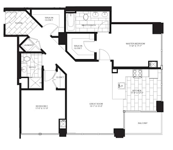 2 Bed 1.5 Bath Floorplan B at Flair Tower Apartments, Chicago, 60654