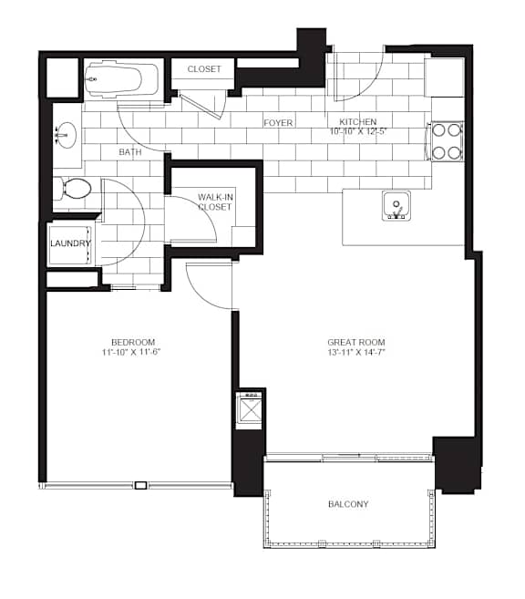 1 Bed 1 Bath Floorplan B | 713 Sq. Ft. at Flair Tower Apartments, Chicago Illinois