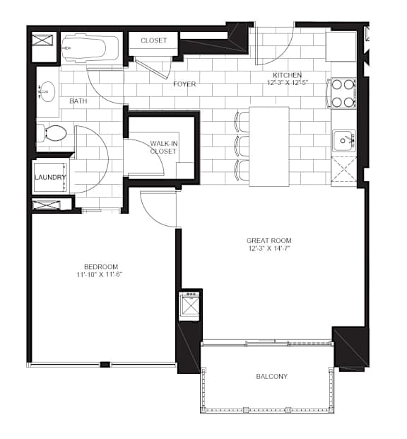 1 Bed 1 Bath Floorplan C | 713 Sq. Ft. at Flair Tower Apartments, Chicago