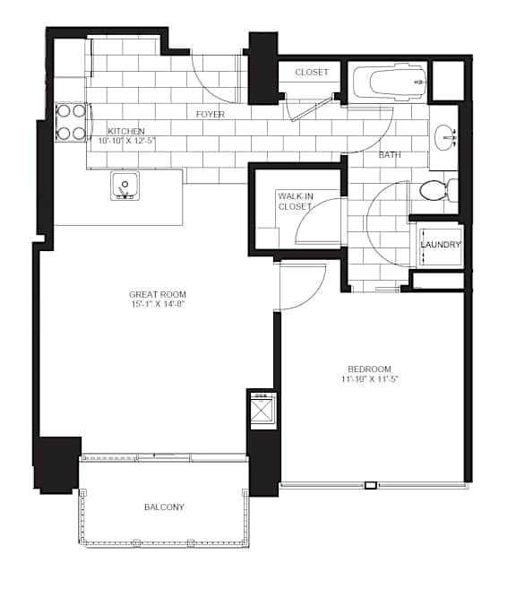 1 Bed 1 Bath Floorplan D | 713 Sq. Ft. at Flair Tower Apartments, Illinois