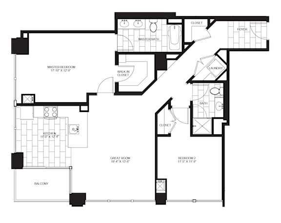 2 Bed 1.5 Bath Floorplan C | 1,080 Sq. Ft. at Flair Tower Apartments, Chicago Illinois