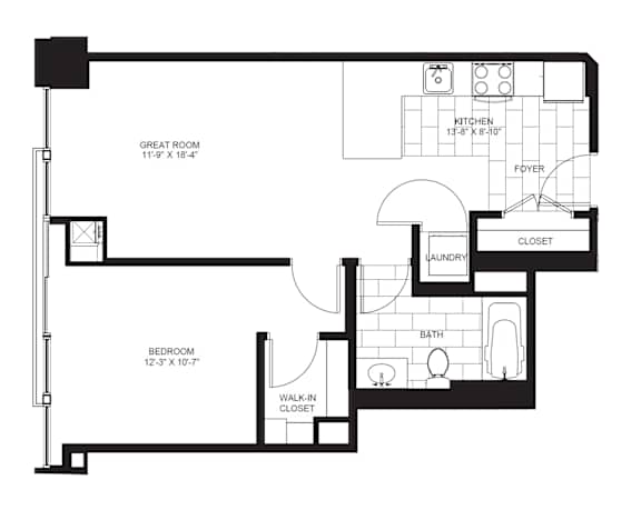 1 Bed 1 Bath Floorplan A | 700 Sq. Ft. at Flair Tower Apartments, Chicago, 60654