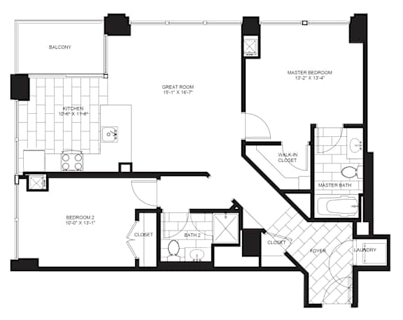 2 Bed 1.5 Bath Floorplan | 1,080 Sq. Ft. at Flair Tower Apartments, Chicago, IL 60654