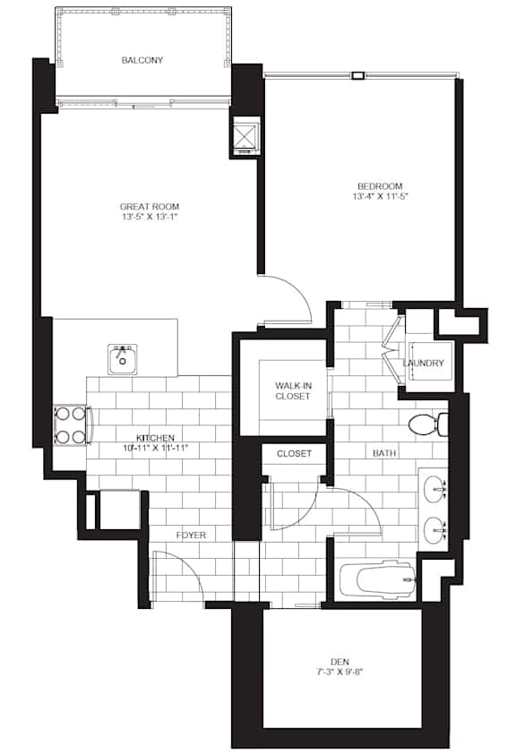 1 Bed 1 Bath Floorplan E | 724 Sq. Ft. at Flair Tower Apartments, Illinois, 60654