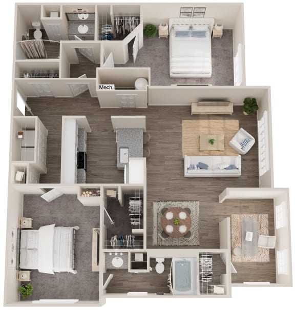a floor plan of a two bedroom apartment with a living room and office space