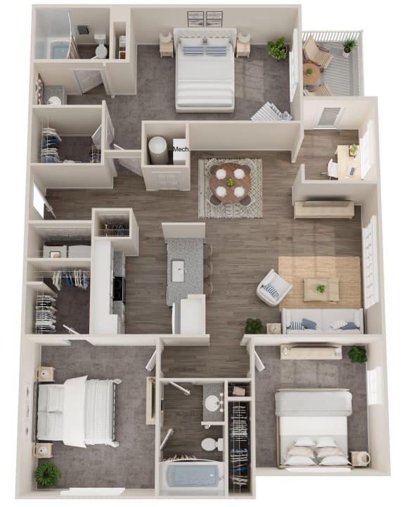 a floor plan image of a 3 bedroom apartment with an office space and balcony