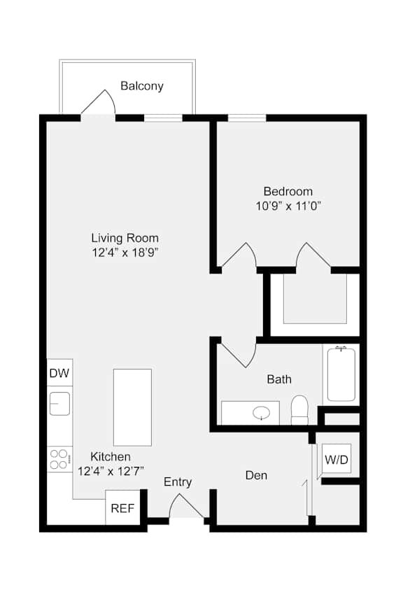Floor Plan  A floor plan of an apartment with a living room, kitchen, bathroom, and two bedrooms.