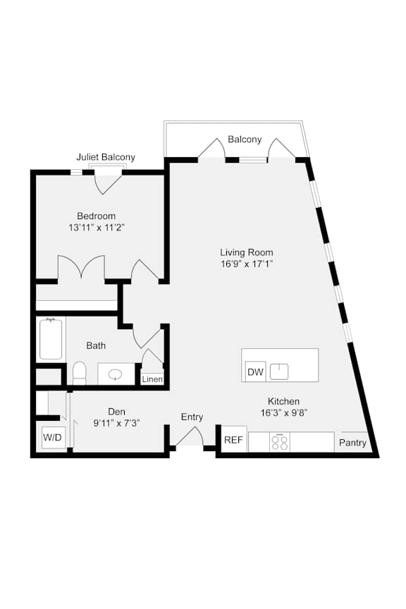 Floor Plan  A floor plan of a residential area with a bedroom, bathroom, living room, kitchen, and pantry.