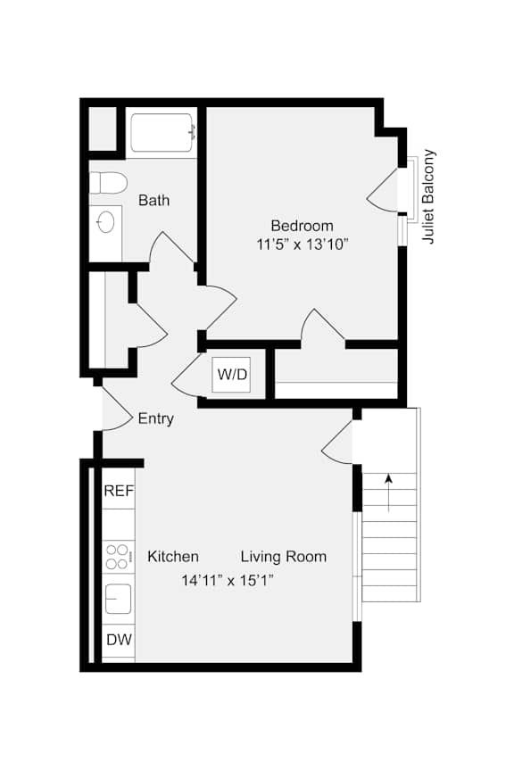Floor Plan  A floor plan of a house with a bath, bedroom, living room, kitchen, and entry.