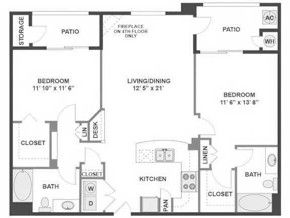 A floor plan of a home with two bedrooms, a living/dining area, a kitchen, two bathrooms, and two patios.
