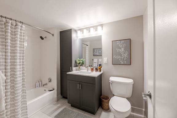 A bathroom with a white toilet, a sink, and a bathtub with a shower curtain.