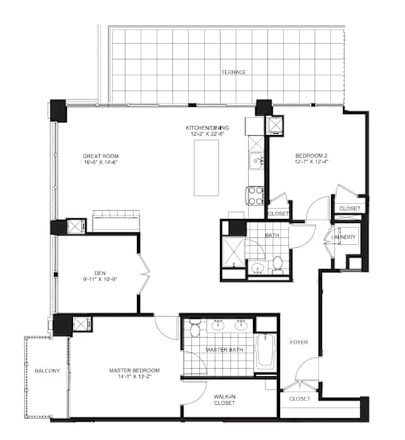 2 Bed 1.5 Bath Floorplan F at Flair Tower Apartments, Chicago, IL