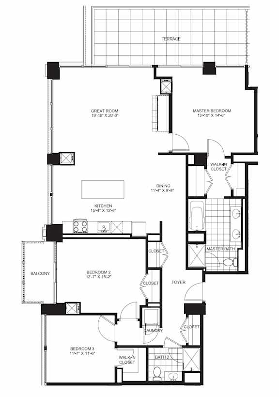 3 Bed 1.5 Bath Floorplan at Flair Tower Apartments, Chicago Illinois