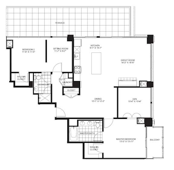 2 Bed 1.5 Bath Floorplan D at Flair Tower Apartments, Illinois