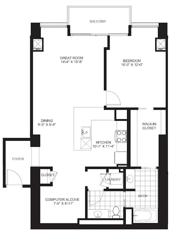 1 Bed 1 Bath Floorplan F at Flair Tower Apartments, Chicago