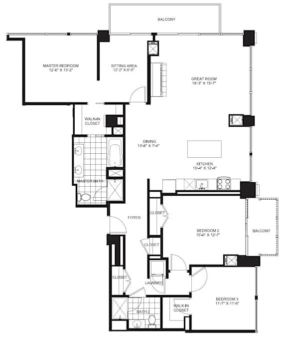 3 Bed 1.5 Bath Floorplan C at Flair Tower Apartments, Illinois, 60654