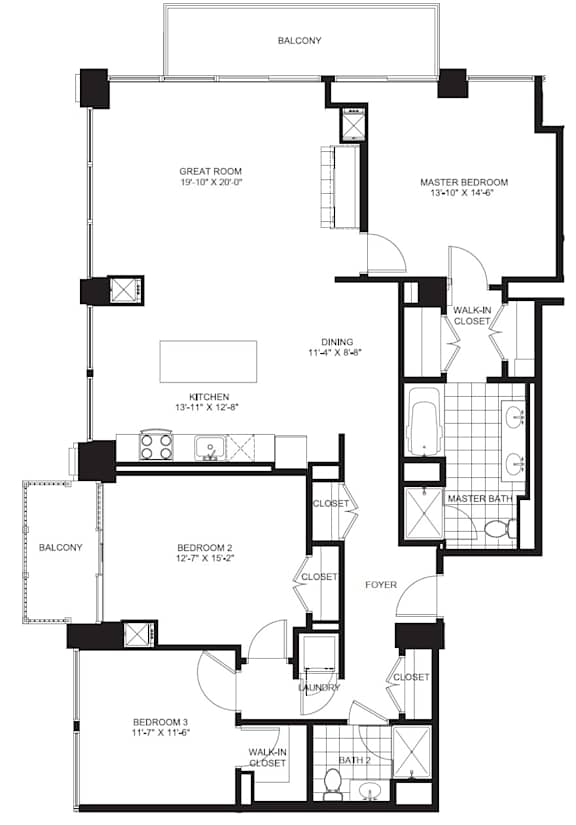 3 Bed 1.5 Bath Floorplan A at Flair Tower Apartments, Chicago