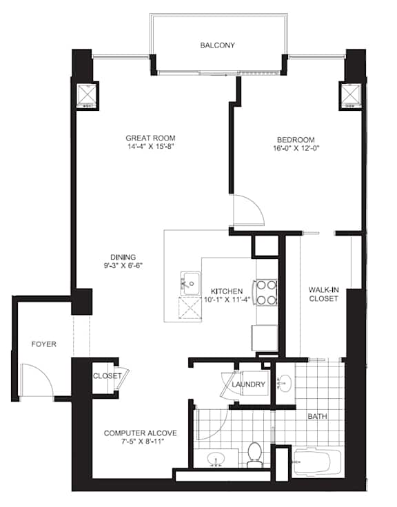 1 Bed 1 Bath Floorplan G at Flair Tower Apartments, Chicago, IL 60654