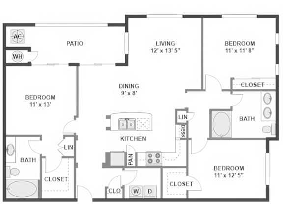3 bed 2 bath Floor Plan | 1,375 Sq. Ft. at The Kitt at Warner Center Apartments, Woodland Hills, CA