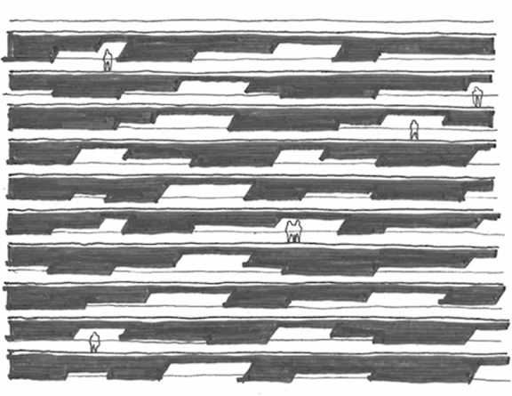 A black and white drawing of a series of horizontal lines with small figures on them at 365 Nicollet, Minneapolis, MN, Manchester