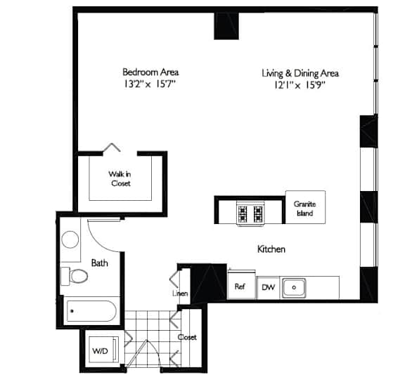A black and white image of a floor plan for a home with a bedroom, living and dining area, kitchen, bath, and closet.