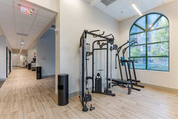 A gym with a variety of equipment including a treadmill, a stationary bike, a rowing machine, and a weight bench.