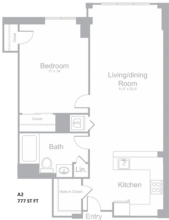 A floor plan of a one bedroom apartment.