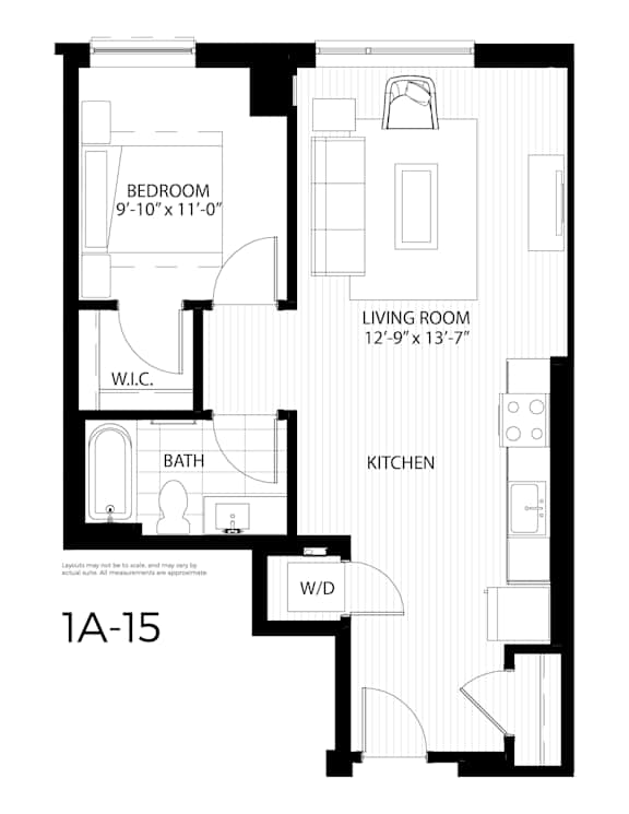 A floor plan of an apartment with a bedroom, living room, kitchen, bathroom, and a workspace.
