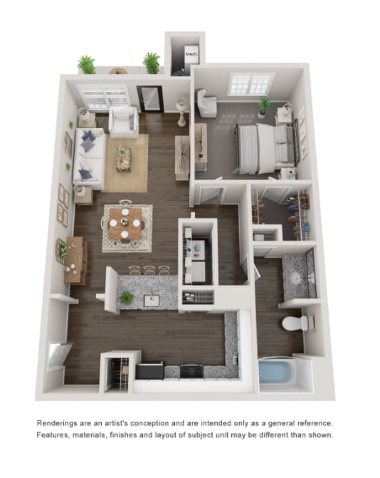1 Bed 1 Bath Floor Plan | 759 Sq. Ft. at Willowest in Collier Hills, Atlanta, GA