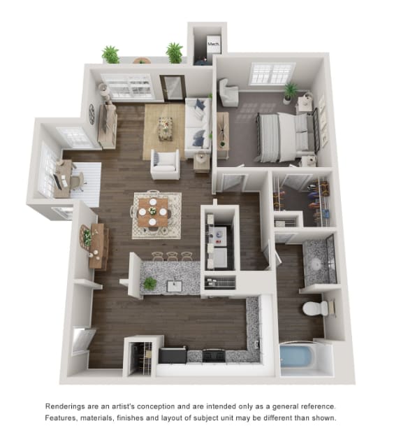 1 Bed 1 Bath Floor Plan | 799 Sq. Ft. at Willowest in Collier Hills, Georgia
