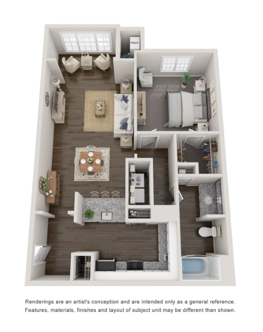 1 Bed 1 Bath Floor Plan | 819 Sq. Ft. at Willowest in Collier Hills, Atlanta