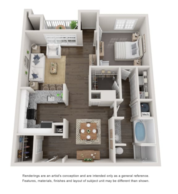 1 Bed 1 Bath Floor Plan | 892 Sq. Ft. at Willowest in Collier Hills, Atlanta, Georgia
