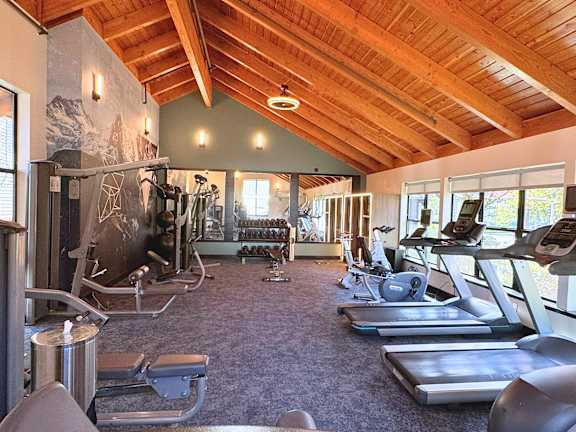 A gym with treadmills, weights, and exercise equipment.