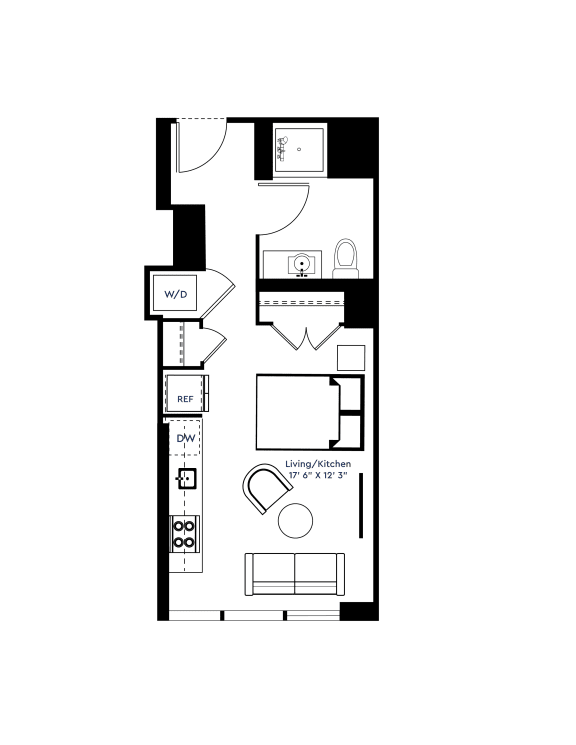 Studio 1 Bath Floor Plan | 416 Sq. Ft. at The Grand Central in Chicago, 60607