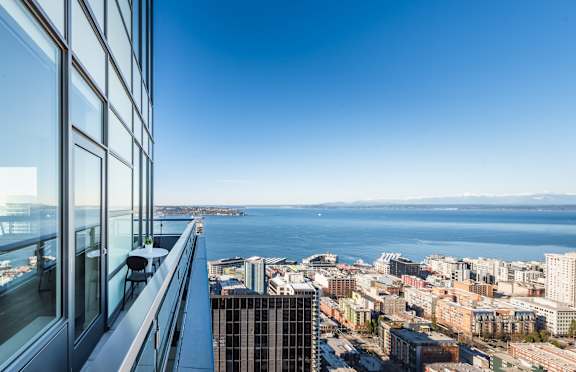 A cityscape viewed from a high-rise building.