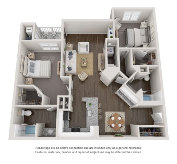 2 Bed 2 Bath Floor Plan | 1,260 Sq. Ft. at Willowest in Collier Hills, Georgia, 30318