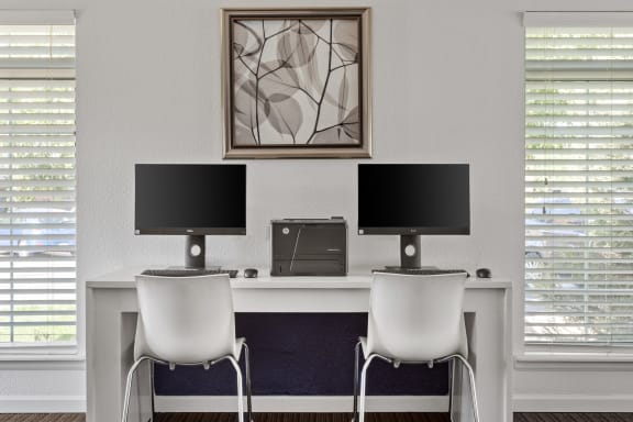 a white desk with two monitors and two chairs  at Verona, Littleton, CO, 80123