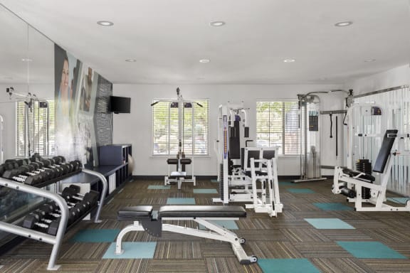 a gym with weights and cardio equipment in a room with windows  at Verona, Littleton, CO, 80123