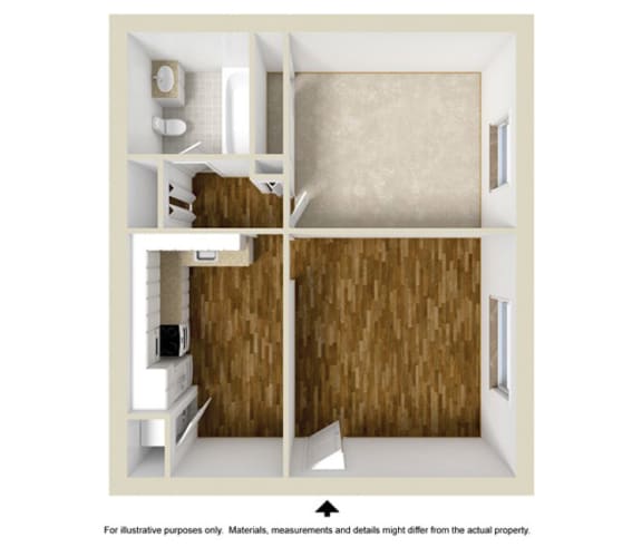 3D 1 bedroom floor plan at Rosemont Square Apartments, Randolph, MA