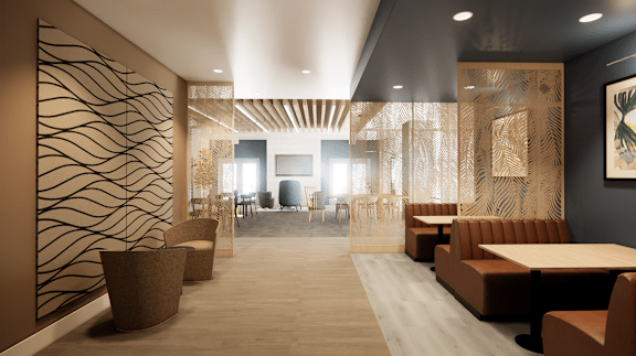 A modern dining room with a long table and chairs.