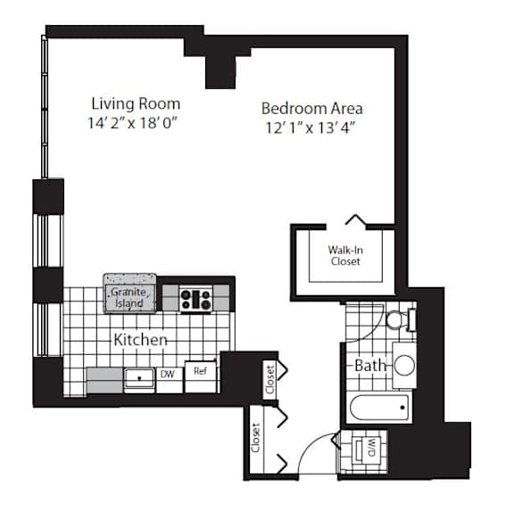 A black and white image of a floor plan for a home with a living room, kitchen, and bedroom area.