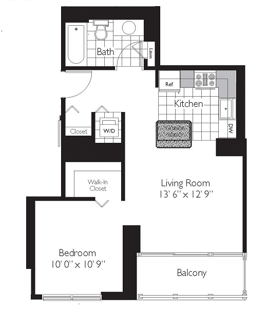 1 Bed 1 Bath Floor Plan | 580 Sq. Ft. at Shoreham and Tides, Chicago, IL