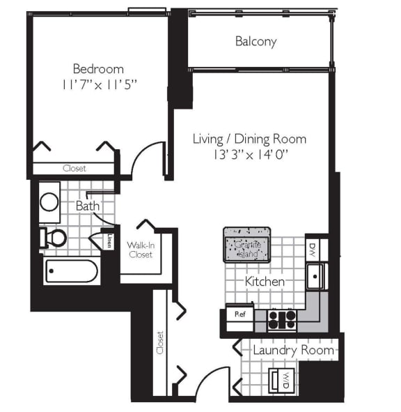 1 Bed 1 Bath Floor Plan | 750 Sq. Ff. at Shoreham and Tides, Chicago, IL