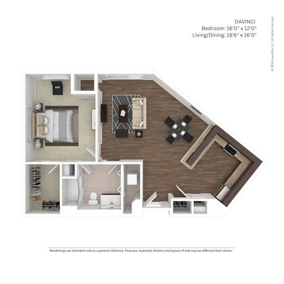 A floor plan of a one bedroom apartment with a living room and dining area.