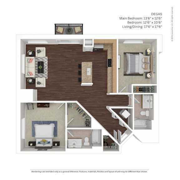A floor plan of a DEGAS apartment with a main bedroom, bedroom, and living/dining area.